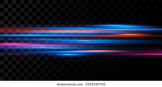 Motion light effect for banners. Blue lines. The effect of speed on a blue background. Red lines of light, speed and movement. Vector lens flare.	