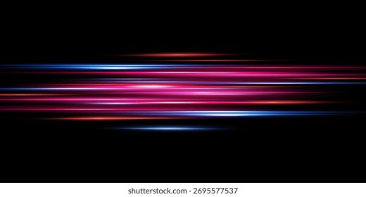 Efecto de luz de movimiento para Anuncios. Líneas azules. El efecto de la velocidad sobre un fondo azul. Líneas rojas de luz, velocidad y movimiento. destello de lente de Vector.	
