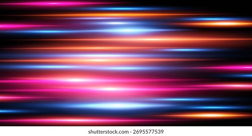 Efecto de luz de movimiento para Anuncios. Líneas azules. El efecto de la velocidad sobre un fondo azul. Líneas rojas de luz, velocidad y movimiento. destello de lente de Vector.	