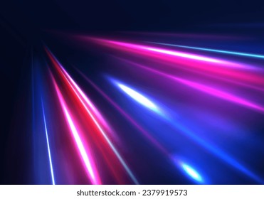 Motion light effect for banners. Image of speed motion on the road. The effect of speed on a blue background. Purple glowing neon wave swirl, impulse cable lines. Long time exposure vector.