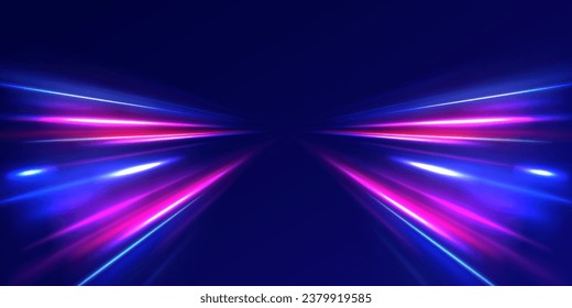 Motion light effect for banners. Image of speed motion on the road. The effect of speed on a blue background. Purple glowing neon wave swirl, impulse cable lines. Long time exposure vector.