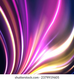 Motion light effect for banners. Image of speed motion on the road. The effect of speed on a blue background. Purple glowing neon wave swirl, impulse cable lines. Long time exposure vector.