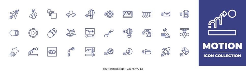 Motion line icon collection. Editable stroke. Vector illustration. Containing paper plane, water drop, motion, circles, hot air balloon, clock, pendulum, mail, file, slow motion, fast delivery.