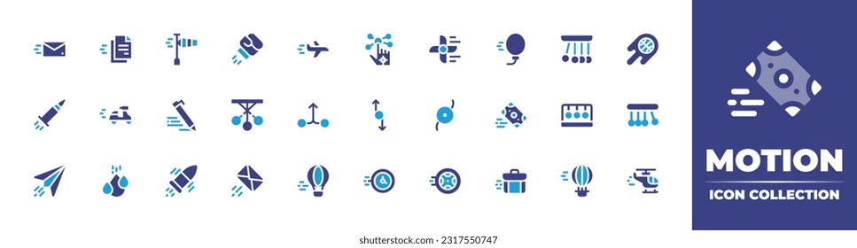 Motion line icon collection. Editable stroke. Vector illustration. Containing mail, file, windsock, boxing, flight, gloves, fan, balloon, pendulum, basketball, bullet, motorbike, writing, merge.