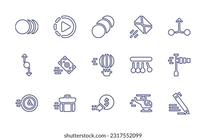 Motion line icon set. Editable stroke. Vector illustration. Containing slow motion, mail, merge, rotation, money, air hot balloon, pendulum, windsock, clock, briefcase, coin, helicopter, writing.
