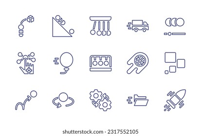 Motion line icon set. Editable stroke. Vector illustration. Containing pick up, slope, pendulum, van, slow motion, gloves, balloon, basketball, motion sensor, ball, circles, mechanics, folder, bullet.