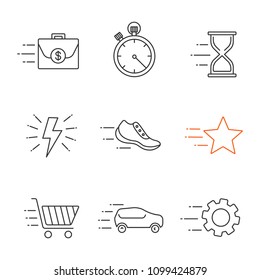 Motion linear icons set. Flying briefcase, stopwatch, hourglass, sneaker, star, cogwheel, car, fast shopping, lightning bolt.  Thin line contour symbols. Isolated vector outline illustrations