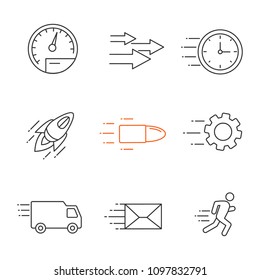Motion linear icons set. Speed. Flying clock, startup, bullet, cogwheel, van, mailing, running man, speedometer, arrows. Thin line contour symbols. Isolated vector outline illustrations