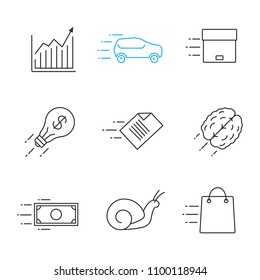 Motion linear icons set. Speed. Chart, snail, car, flying parcel, file, dollar, brain, idea, fast shopping. Thin line contour symbols. Isolated vector outline illustrations