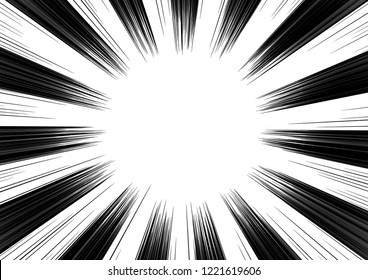 Motion lines background for comic books. Manga speed frame, superhero action, explosion, sunshine background. Black and white vector illustration