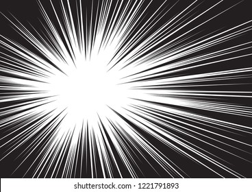 Motion lines background for comic books. Manga speed frame, superhero action, explosion, sunshine background. Black and white vector illustration