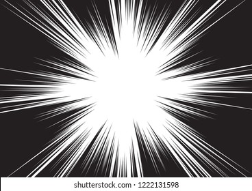 Motion lines background for comic books. Manga speed frame, superhero action, explosion, sunshine background. Black and white vector illustration