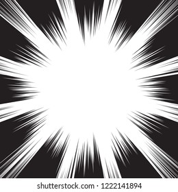 Motion lines background for comic books. Manga speed frame, superhero action, explosion, sunshine background. Black and white vector illustration