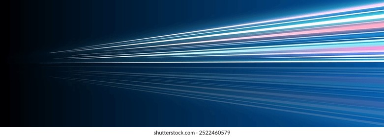 Motion luminous linear trails horizontal banner. High speed blue and pink glowing rays. Abstract long time exposure motion blur dynamic effect. Fast zoom light flash stripes. Perspective movement. Eps