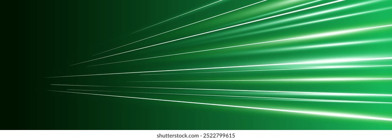 Banner horizontal de trilhas lineares de movimento. Raios brilhantes verdes brilhantes de alta velocidade. Abstrato longo tempo exposição movimento borrar efeito dinâmico. Faixas de flash de luz de zoom rápido. Movimento de perspectiva. Eps