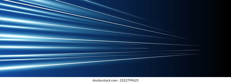 Motion luminous linear trails horizontal banner. High speed bright blue glowing rays. Abstract long time exposure motion blur dynamic effect. Fast zoom light flash stripes. Perspective movement. Eps