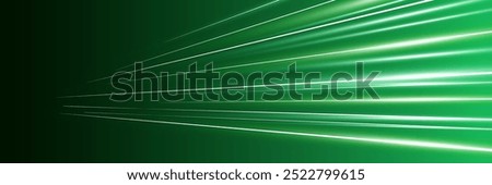 Motion luminous linear trails horizontal banner. High speed bright green glowing rays. Abstract long time exposure motion blur dynamic effect. Fast zoom light flash stripes. Perspective movement. Eps