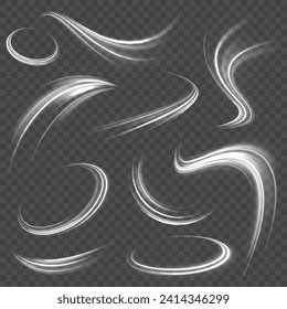 Motion neon speed and blur. Imitation of the exit of cold air from the air conditioner. White shiny sparks of spiral wave. Dynamic lines or rays. Vector illustration stream of fresh wind png.