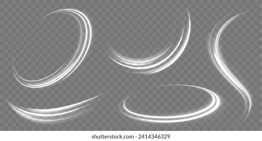 Velocidad de movimiento del neón y desenfoque. Imitación de la salida de aire frío del acondicionador de aire. Chispas blancas brillantes de ola espiral. Líneas o rayos dinámicos. Ilustración vectorial de png de viento fresco.