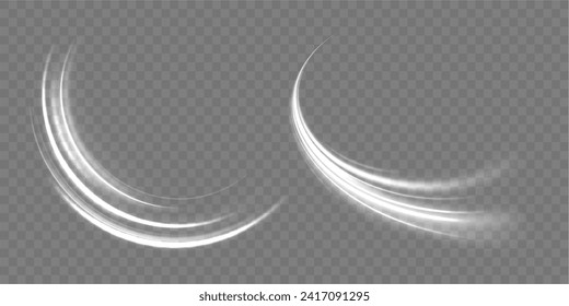 Velocidad de movimiento del neón y desenfoque. Imitación de la salida de aire frío del acondicionador de aire. Chispas blancas brillantes de ola espiral. Líneas o rayos dinámicos. Ilustración vectorial de png de viento fresco.