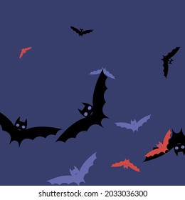 Motion Night Purple Print Halloween Modern Design. Scary Retro Pink Spooky Wallpaper. Colorful Eyes Chaos Attack Flying Bats Art Pattern. Black Red Sky Gothic Creepy Bats Vector Illustration.