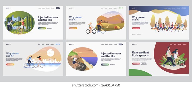 Motion outdoors set. People riding bikes, running marathon, camping. Flat vector illustrations. Active lifestyle, adventure, activity concept for banner, website design or landing web page