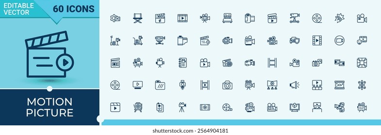 Motion Picture linear icon collection. Icons television, video, popcorn, picture, show, graphic, con, glasses. Outline icon. Editable vector icon and illustration.