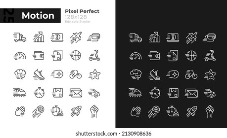 Motion pixel perfect linear icons set for dark, light mode. Motor vehicle. Sport activity. Thin line symbols for night, day theme. Isolated illustrations. Editable stroke Montserrat Bold, Light fonts