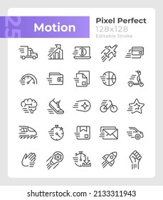 Motion Pixel Perfect Linear Icons Set. Motor Vehicle. Sport Activity. Customizable Thin Line Symbols. Isolated Vector Outline Illustrations. Editable Stroke. Montserrat Bold, Light Fonts