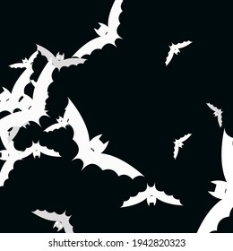 Motion Print Black Light Modern Style Background. Sky Retro White Funny Flying Bats Art Pattern. Chaos Scary Attack Spooky Halloween Modern Design. Creepy Gothic Night Bats Vector Illustration.