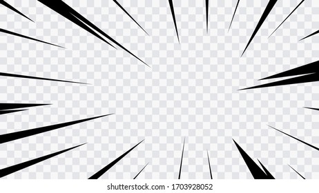 Motion radial lines background for comic books. Manga speed frame, superhero action, explosion background. Black and white vector illustration