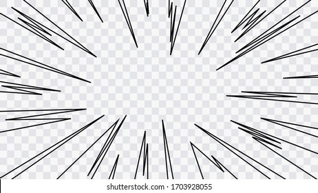Motion radial lines background for comic books. Manga speed frame, superhero action, explosion background. Black and white vector illustration