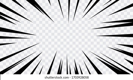 Motion radial lines background for comic books. Manga speed frame, superhero action, explosion background. Black and white vector illustration