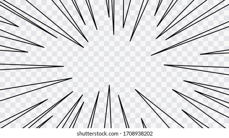 Motion radial lines background for comic books. Manga speed frame, superhero action, explosion background. Black and white vector illustration on transparent background.