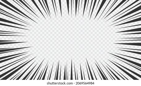 Líneas radiales de movimiento. Estilo de libro de historietas, fondo de explosión aislado en un fondo transparente . Líneas de marco de acción de la manga.  Ilustración de dibujos animados.