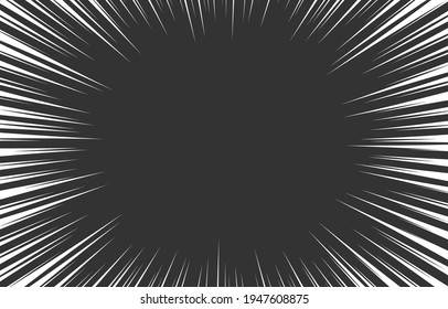 Motion radial lines isolated on dark background. White diverging rays. Comics style, explosion background. Manga action frame lines. Cartoon template design. Black and white vector illustration