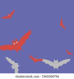 Motion Retro Purple Eyes Flying Bats Art Pattern. Colorful Night Scary Print Halloween Modern Design. Chaos Creepy Sky Spooky Attack Bats Vector Illustration. Gothic Pink Red Grey Background.