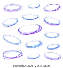 Movimento de anéis redondos e ondas fluindo criar curvas dinâmicas com brilho luminoso e faíscas de trovão em design de vetor transparente com decoração de luz de fantasia e elementos brilhantes isolados png


