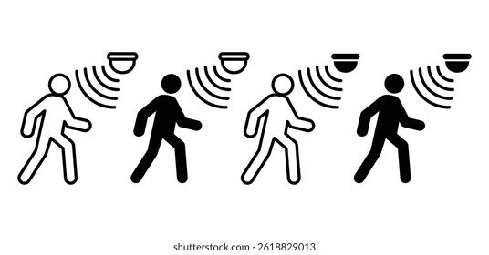 Motion Sensor Detection Icon Black and White Walking Figures and Sensors Illustration Vector Design