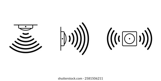 Motion sensor or hand sensor. Safety, security surveillance video camera eye, cctv alert. Attention, motion detector infrared. Radio frequency Alarm system. Сontactless, sensor waves signal.