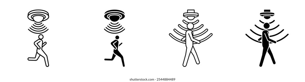 Motion sensor icon collection in black and white filled and solid vector style.