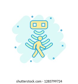 Motion sensor icon in comic style. Sensor waves with man vector cartoon illustration pictogram. People security connection business concept splash effect.