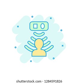 Motion sensor icon in comic style. Sensor waves with man vector cartoon illustration pictogram. People security connection business concept splash effect.