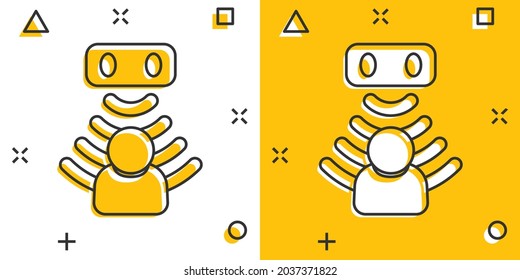 Motion sensor icon in comic style. Sensor waves with man vector cartoon illustration pictogram. People security connection business concept splash effect.