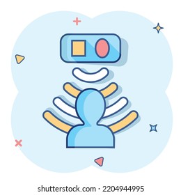 Motion sensor icon in comic style. Sensor waves with man vector cartoon illustration pictogram. People security connection business concept splash effect.