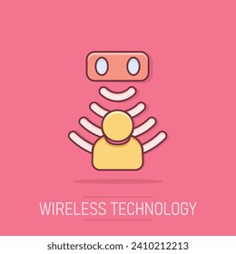 Motion sensor icon in comic style. Sensor waves with man vector cartoon illustration pictogram. People security connection business concept splash effect.