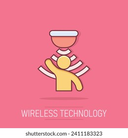 Motion sensor icon in comic style. Sensor waves with man vector cartoon illustration pictogram. People security connection business concept splash effect.