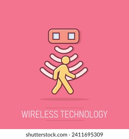 Motion sensor icon in comic style. Sensor waves with man vector cartoon illustration pictogram. People security connection business concept splash effect.