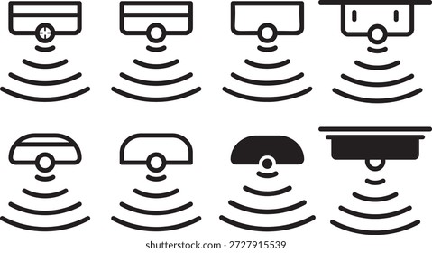 Conjunto de ícones do sensor de movimento. Sinal de tecnologia de detecção automatizada moderna, símbolos de segurança de casa inteligente. Ícones de detector de movimento infravermelho. Elementos da interface de vigilância digital.

