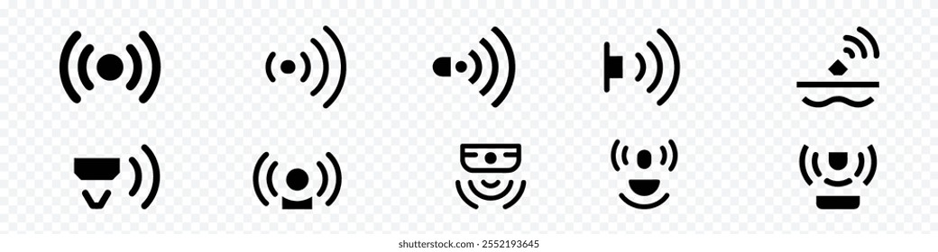 icono del sensor de movimiento, conjunto de iconos de ondas del sensor. Iconos vectoriales para detectores de movimiento y alarmas. icono de onda del sensor, sensor de movimiento, señal de radio de movimiento